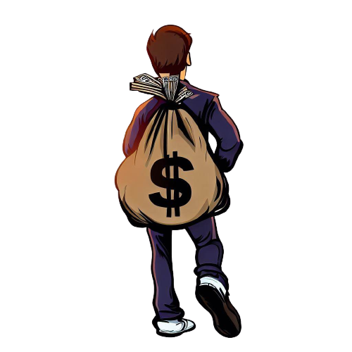 A man holding a bag on his back bearing the dollar sign